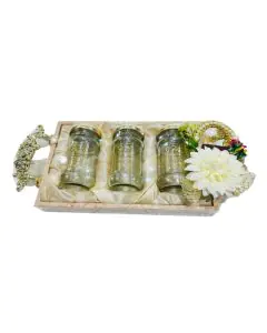 Fancy Handle Trays with 3 glass jars13in x 8in x 1.5in, Pack of 10