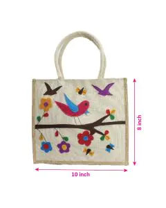 Applique Handwork, Off-White Jute Bag with Padded Handle, 10in x 5in x 8in, Pack of 10