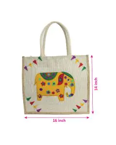 Applique Handwork, Off-White Jute Bag with Padded Handle, 16in x 5in x 14in, Pack of 10