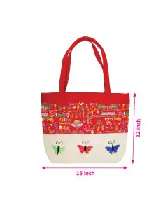 Applique Handwork, Multicolour Jute Bag with Padded Handle, 15in x 4in x 12in, Pack of 10