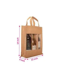 Transparent Window Beige Jute Bags, Bottle Carry Bag with Three Compartments, 12in x 4in x 14in, Pack of 10