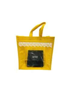 Transparent Window, Yellow Jute Bag with Lace Embroidery,11in x 6in x 11in, Pack of 10