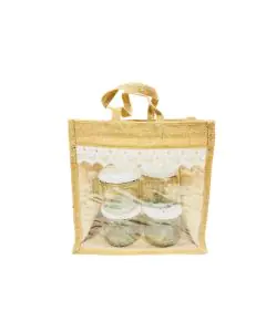 Transparent Window, Beige Jute Bag with Lace Embroidery ,11in x 6in x 11in, Pack of 10