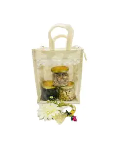 Transparent Window, Off-White Jute Bag with Lace Embroidery, 11in x 6in x 11in, Pack of 10