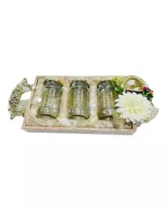 Fancy Handle Trays with 3 glass jars13in x 8in x 1.5in, Pack of 10
