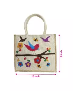 Applique Handwork, Off-White Jute Bag with Padded Handle, 10in x 5in x 8in, Pack of 10