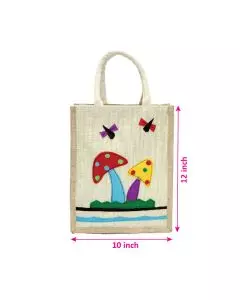 Applique Handwork, Off-White Jute Bag with Padded Handle, 10in x 5in x 12in, Pack of 10
