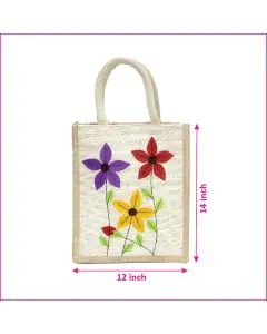Applique Handwork, Off-White Jute Bag with Padded Handle, 12in x 5in x 14in, Pack of 10