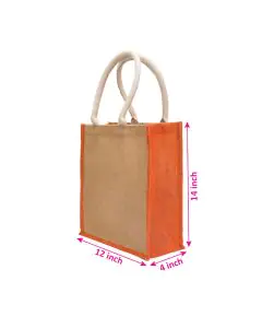Eco-Friendly, Beige Jute Bag with Orange Gusset, 12in x 4in x 14in, Pack of 10