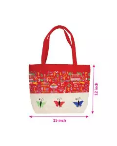 Applique Handwork, Multicolour Jute Bag with Padded Handle, 15in x 4in x 12in, Pack of 10