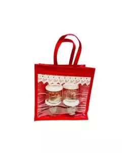 Transparent Window, Red Jute Bag with Lace Embroidery, 11in x 6in x 11in, Pack of 10