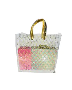 Transparent, Printed PVC Bags, Golden Round Handle, PVC Bag with Gusset, 15in x 5in x 15in, Pack of 25