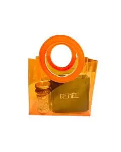 Transparent, Clear Gift Bags, Neon Orange Colour, Round Handle, PVC Bags with Gusset, 6.3in x 4.2in x 6in, Pack of 25
