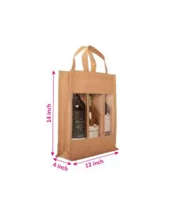 Transparent Window Beige Jute Bags, Bottle Carry Bag with Three Compartments, 12in x 4in x 14in, Pack of 10