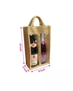 Transparent Window Beige Jute Bag, Bottle Carry Bag with Dual Compartment, 8in x 4in x 14in, Pack of 10