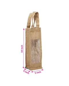 Beige Transparent Window Jute Carry Bag, with Handle, 5in x 4in x 14in, Pack of 10
