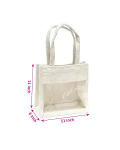 Transparent Window, Off-White Jute Bag with Shoulder Handles,11in x 6inx 11in, Pack of 10