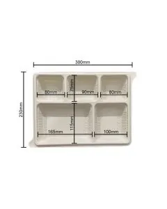Bio-degradable, 5 Compartments, Meal Trays, 300mm x 230mm x 35mm, Pack of 100